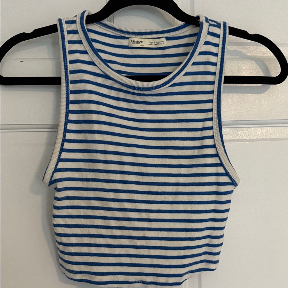 Pull&Bear White and Blue Striped Tank Top